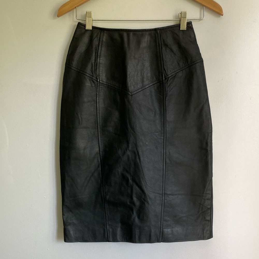 PELLE CUIR Vintage Black Leather Pencil Skirt Size 4 Elegant, Business Stylish